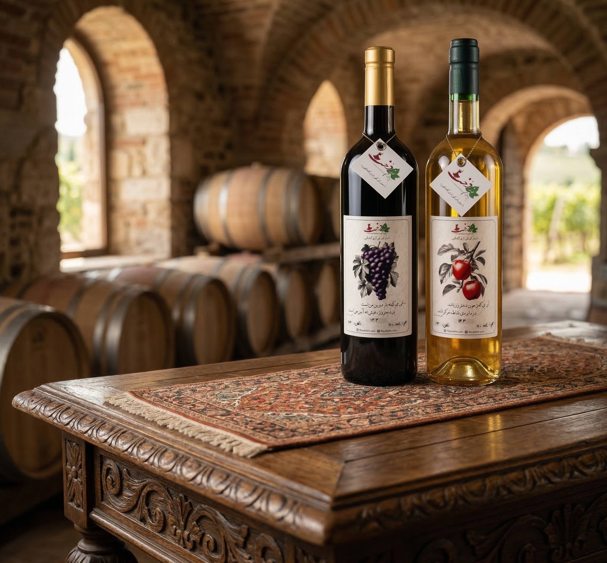 Razdokht wine bottles in cellar setting