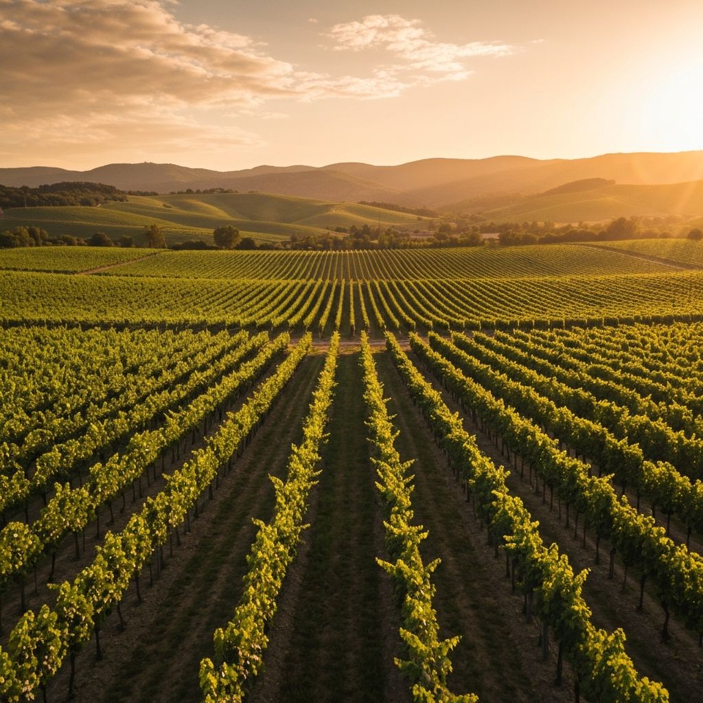 Vineyard rows at sunset